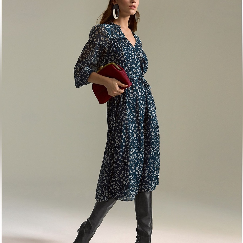 NWT WHISTLES ADRIANNE GREEN CHEETAH FLOWY MIDI DRESS 4